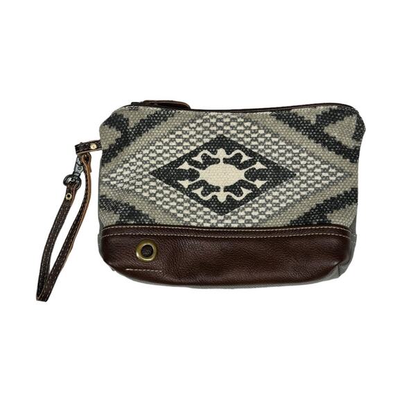 Myra Bag Handbags - Myra Bag Bliss Pouch Wristlet Gray Aztec Boho Woven Brown Leather Clutch Western